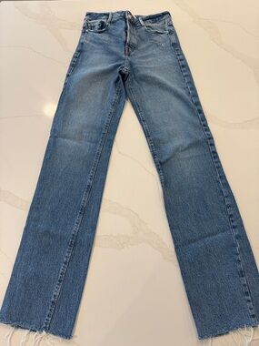 Zara Light Blue Straight Leg Jeans with Frayed Hem